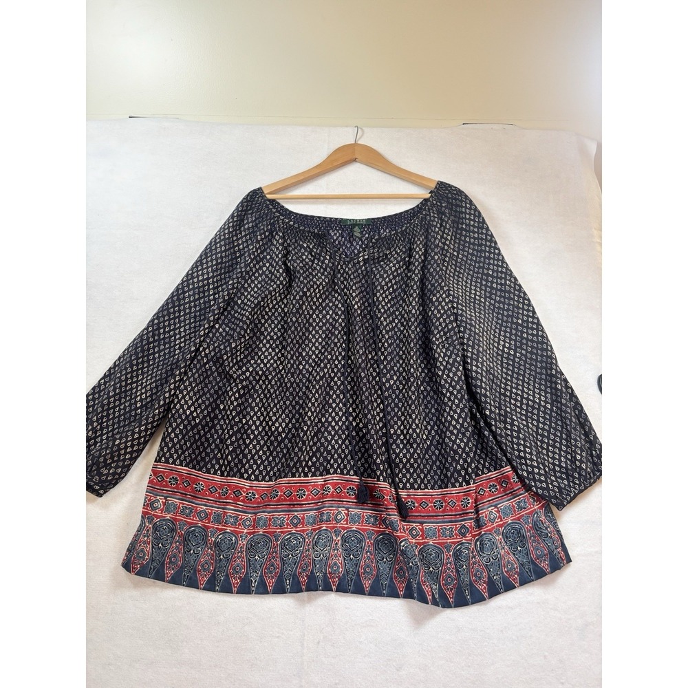 RALPH LAUREN Women's 2X Split Keyhole Long Sleeve Peasant Blouse Tunic Boho EUC